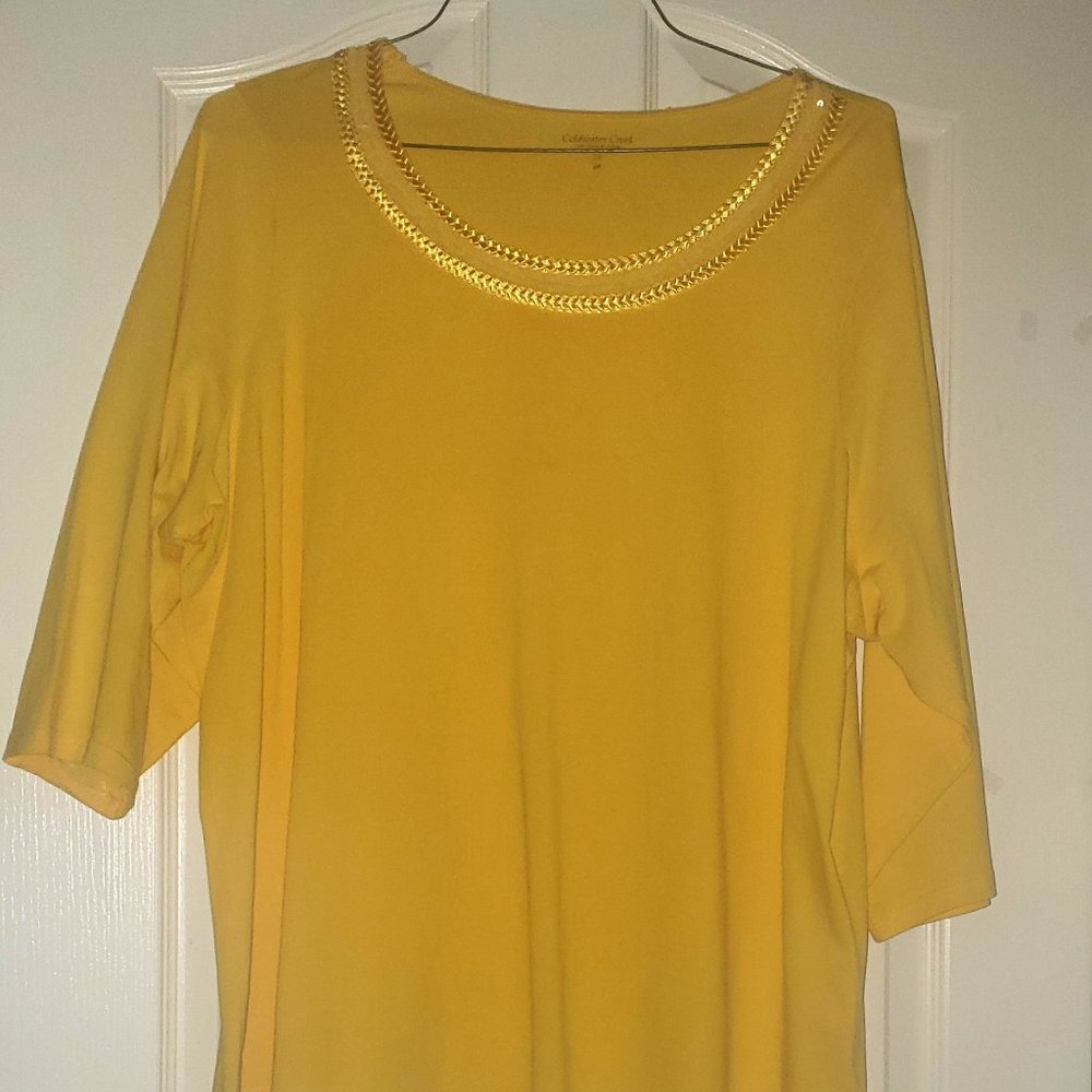 Coldwater Creek Knit Top Womens Size 3X 26 Yellow Braided & Sequins 3/4 Sleeves